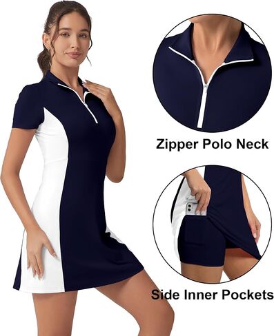 Golf Tennis Dress with Shorts Womens Polo Neck Athletic Workout Golf Dress Casual Sleeveless Colorblock Dress in Saudi Arabia