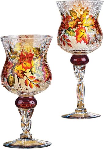 Collections Etc Hand Painted Fall Harvest Glass Pedestal Candleholder Goblet | Crackle Glass Hurricane | Pedestal Base|Glittered Berry Accents|for Use with LED Votive or Tealight Candles (Not Incl.) in Saudi Arabia