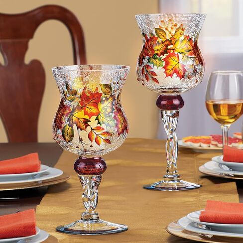 Collections Etc Hand Painted Fall Harvest Glass Pedestal Candleholder Goblet | Crackle Glass Hurricane | Pedestal Base|Glittered Berry Accents|for Use with LED Votive or Tealight Candles (Not Incl.) in Saudi Arabia