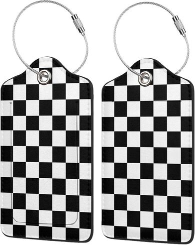 2P Black White Plaid Lines Race Grid Checkered Flag Luggage Tags Privacy Cover ID Label with Stainless Steel Loop and Address Card for Travel Bag Suitcase Funny Cute Man Women Kids in Saudi Arabia