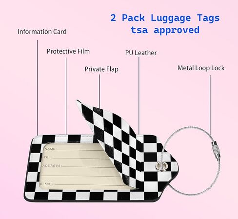 2P Black White Plaid Lines Race Grid Checkered Flag Luggage Tags Privacy Cover ID Label with Stainless Steel Loop and Address Card for Travel Bag Suitcase Funny Cute Man Women Kids in Saudi Arabia