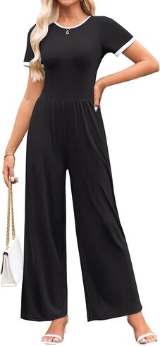 ZESICA Women's Short Sleeve Jumpsuits Dressy Summer Casual Fashion Outfits One Piece Wide Leg Rompers in Saudi Arabia