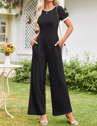 ZESICA Women's Short Sleeve Jumpsuits Dressy Summer Casual Fashion Outfits One Piece Wide Leg Rompers in Saudi Arabia