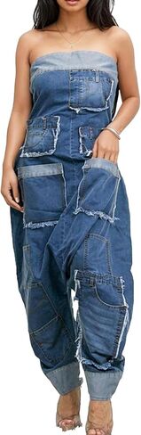 Molilove Women's Loose Cargo Denim Jumpsuit Sleeveless Tube Top and Baggy Pants with Pockets Jeans Romper One Piece Outfits in Saudi Arabia