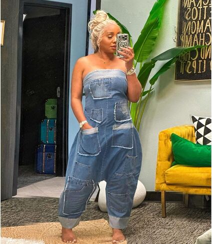 Molilove Women's Loose Cargo Denim Jumpsuit Sleeveless Tube Top and Baggy Pants with Pockets Jeans Romper One Piece Outfits in Saudi Arabia