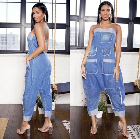 Molilove Women's Loose Cargo Denim Jumpsuit Sleeveless Tube Top and Baggy Pants with Pockets Jeans Romper One Piece Outfits in Saudi Arabia
