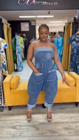 Molilove Women's Loose Cargo Denim Jumpsuit Sleeveless Tube Top and Baggy Pants with Pockets Jeans Romper One Piece Outfits in Saudi Arabia