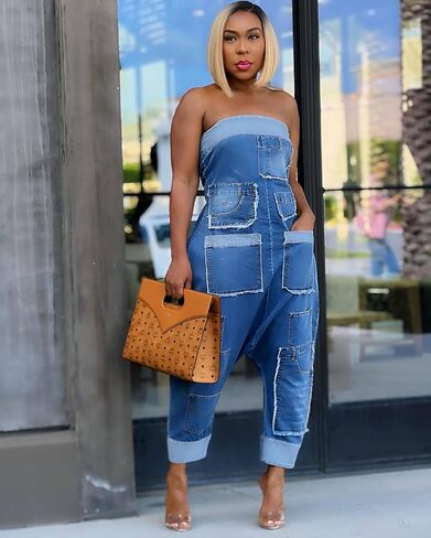 Molilove Women's Loose Cargo Denim Jumpsuit Sleeveless Tube Top and Baggy Pants with Pockets Jeans Romper One Piece Outfits in Saudi Arabia