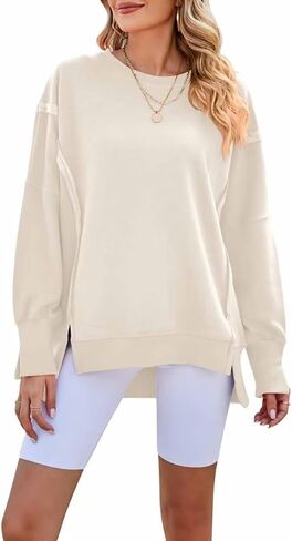 SNJATSSE Womens Oversized Sweatshirts Crewneck Long Sleeve Side Slit Casual Pullover Sweatshirt Tops in Saudi Arabia