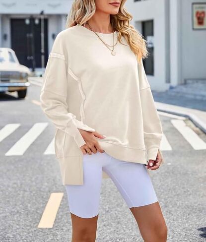 SNJATSSE Womens Oversized Sweatshirts Crewneck Long Sleeve Side Slit Casual Pullover Sweatshirt Tops in Saudi Arabia