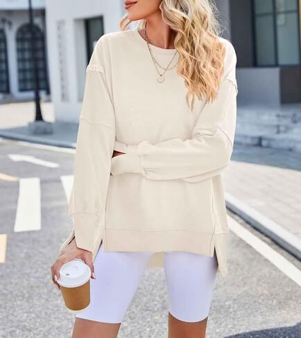 SNJATSSE Womens Oversized Sweatshirts Crewneck Long Sleeve Side Slit Casual Pullover Sweatshirt Tops in Saudi Arabia