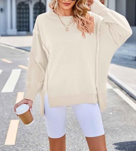 SNJATSSE Womens Oversized Sweatshirts Crewneck Long Sleeve Side Slit Casual Pullover Sweatshirt Tops in Saudi Arabia