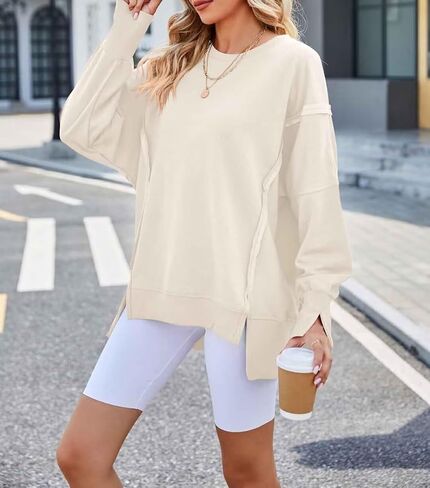 SNJATSSE Womens Oversized Sweatshirts Crewneck Long Sleeve Side Slit Casual Pullover Sweatshirt Tops in Saudi Arabia