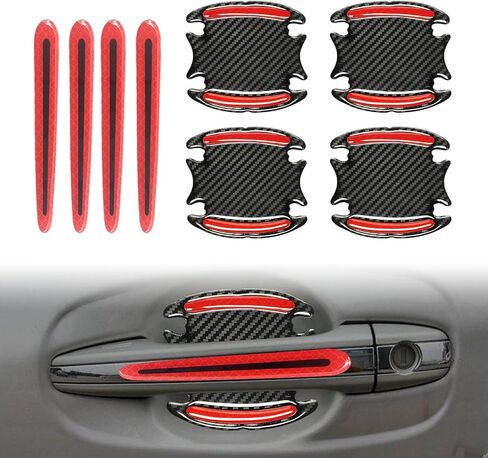 8pcs Car Door Handle Paint Scratch Protector Sticker, Universal 3D Carbon Fiber Auto Door Handle Scratch Cover Guard, Protective Film Pad with Safety Reflective Strips(Red) in Saudi Arabia