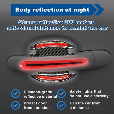 8pcs Car Door Handle Paint Scratch Protector Sticker, Universal 3D Carbon Fiber Auto Door Handle Scratch Cover Guard, Protective Film Pad with Safety Reflective Strips(Red) in Saudi Arabia