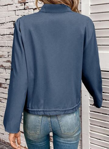 EVALESS Womens Zip Up Jacket Roll Tab Sleeve Shacket Flap Pocket Drawstring Hem Lightweight Coat in Saudi Arabia