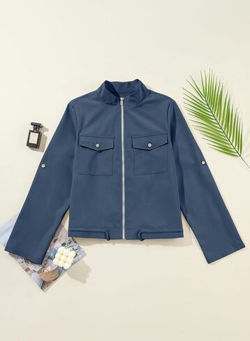 EVALESS Womens Zip Up Jacket Roll Tab Sleeve Shacket Flap Pocket Drawstring Hem Lightweight Coat in Saudi Arabia