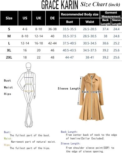 معطف واق من المطر موضة 2024 للسيدات من GRACE KARIN مع طية صدر مزدوجة وسميكة على شكل حرف A ومعاطف البازلاء مع جيوب (S-2XL) in Kuwait