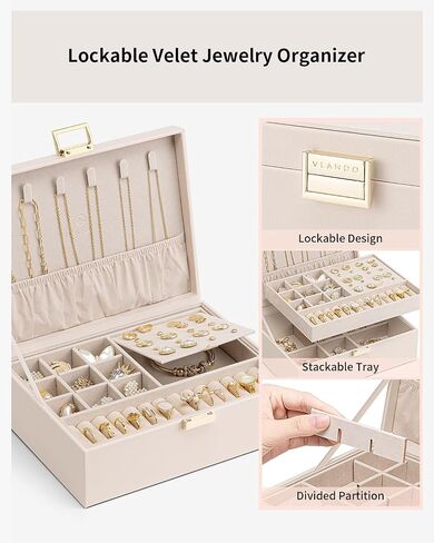 Vlando 2 Layer Jewelry Box Large Jewelry Organizer for Women Removable Jewelery Tray for Necklace Earrings Rings Bracelets Jewelry Boxes Mothers Day Gifts for Mom Wife (Light Pink) in Saudi Arabia