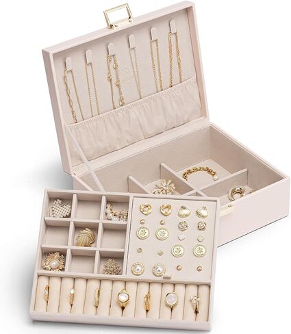 Vlando 2 Layer Jewelry Box Large Jewelry Organizer for Women Removable Jewelery Tray for Necklace Earrings Rings Bracelets Jewelry Boxes Mothers Day Gifts for Mom Wife (Light Pink) in Saudi Arabia