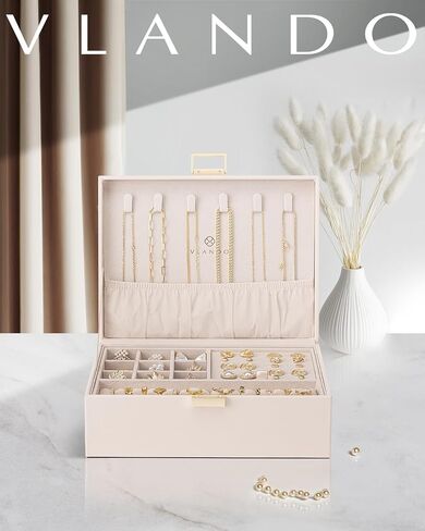 Vlando 2 Layer Jewelry Box Large Jewelry Organizer for Women Removable Jewelery Tray for Necklace Earrings Rings Bracelets Jewelry Boxes Mothers Day Gifts for Mom Wife (Light Pink) in Saudi Arabia