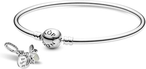 Pandora Jewelry Bundle with Gift Box - Moments Sterling Silver Bangle Charm Bracelet with Ball Clasp, 8.3" & Glow-in-the-Dark Firefly Dangle Charm - Gift for Women in Saudi Arabia