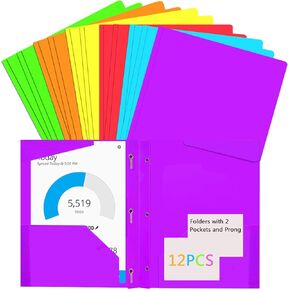 12 Pack Plastic Folders with Pockets and Prong, 2 Pocket 3 Prong Folders with 6 Colors Heavy Duty Folders, Use for School Office Home Bussiness