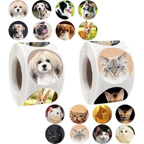 1000PCS Dog Stickers Adorable Puppy Stickers Cat Stickers Realistic Cute Kitten Roll Stickers for Party Favor Holiday Envelope Seal Stickers Classroom Reward Stickers 2Rolls