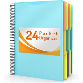 24 Pocket Project Organizer, Forvencer 1/3-cut Tab Binder Organizer with Sticky Labels, Multi Pocket Folder with Zipper Pouch, Folder Binder Spiral Pocket Notebook, Office Supplies
