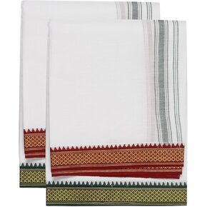 Single Layer Cotton Dhoti 1.8mts Vesti Mundu Ethnic Dress Thalapathy Style Border-White (Pack of 2)