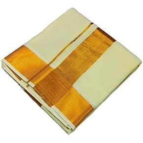 Kolakeer™ Men's Cotton Dhoti with Elegant Kasavu Zari Border - 3.6 Mtrs/8 Mulam/Double Layer South Indian Veshti Mundu (100K Gold Zari, Cream)