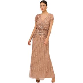 Adrianna Papell Women's Beaded Blouson Long Dress, Rose Gold