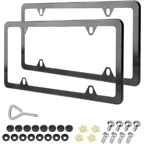 Car License Plate Frames, 2 Pack 4 Holes Stainless Steel Car Tag Holder, Universal US Standard, Slim Design Rust-Proof License Plate Covers with Screw Caps, Auto Accessories (Carbon Fiber)