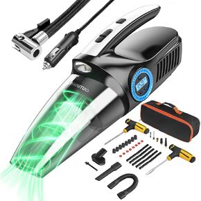 4 in 1Car Vacuum Cleaner with Portable Digital Tire Inflator, 4 in 1 Multipurpose DC 12V air Compressor, tire Pressure Gauge, Tire Repair kit, 14.1 FT Cord & 14 Types of Accessories, Bag