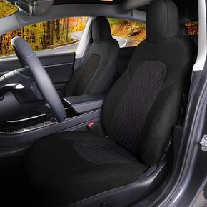 TOYOUN Front Car Seat Covers Custom Fit for Tesla Model 3/Model Y Car Seat Protector 2PCS,White Black Two Tone Fully Wrapped Farbic Cloth Seat Cover Set for Tesla Model 3/Y2017-2024