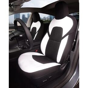 TOYOUN Front Car Seat Covers Custom Fit for Tesla Model 3/Model Y Car Seat Protector 2PCS,White Black Two Tone Fully Wrapped Farbic Cloth Seat Cover Set for Tesla Model 3/Y2017-2024