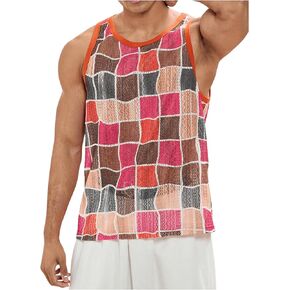 Verdusa Men's Plaid Print Sheer Tank Top Color Block Round Neck Sleeveless Muscle Shirt