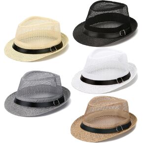 Gionforsy 5 Pack Mens Fedora Hat Classic 1920s Hat Short Brim Fedora Hats Summer Beach Panama Hat for Men Women (Mesh, 5pack-Mesh Style Mixed Color)