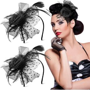 2 Pack Fascinator Hats for Women Tea Party Kentucky Derby Hats Mesh Flower Feathers Headbands and Clips