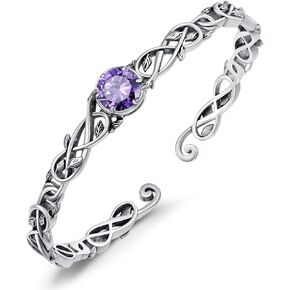 Vintage Amethyst Leaf Cuff Bangle 925 Sterling Silver, Dainty 8mm Round Shaped Amethyst Bracelet Bohemian Jewelry for Women