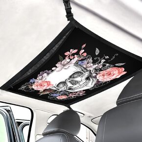 Skull Car Ceiling Cargo Net Pocket Hanging Storage Bag with Zipper 31.5"x21.6" Double-Layer Mesh Car Roof Storage Organizer Long Road Trip Truck SUV Travel Camping
