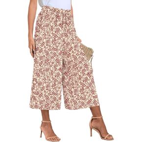 POPYOUNG 2024 Dress Pants Womens Casual High Waist Wide Leg Capri Lounge Floral Solid palazzo Beach Trousers with Pocket