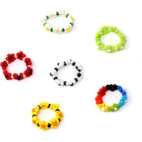 yueton 6Pcs Dopamine Hand-beaded Elastic Ring Set Colorful Adjustable Braid Small Flower Flower Ring for Seaside Holiday Bohemian Holiday Hand Jewelry