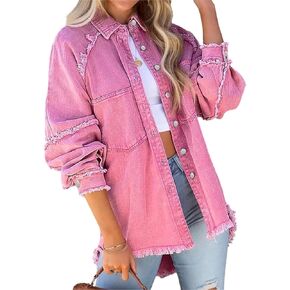 Women Long Sleeve Denim Jacket Oversized Lapel Button Up Shacket Casual Boyfriend Western Trucker Jean Jackets
