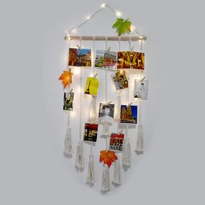 Boho Wall Hanging Photo Display Holder Set, with Remote LED String Light, 25 Wood Clips, Pictures Organizer, Macrame Wall Decor for Home Bedroom Living Room