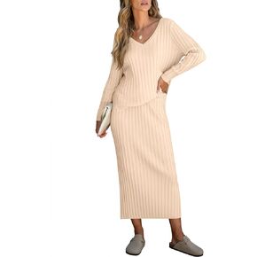 ANRABESS Women's 2 Piece Outfits Sweater Skirt Sets Casual Long Sleeve V Neck Ribbed Knit Tops Midi Dress 2024 Fall Fashion