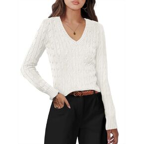ANRABESS Women's Long Sleeve V Neck Cable Knit Sweater Jumper 2024 Fall Pullover Top Cute Soft Ladies Dressy Casual Outfits