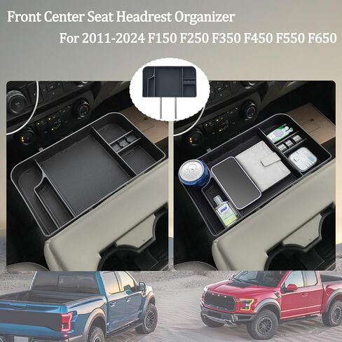 منظم مسند رأس المقعد الأمامي JDMCAR متوافق مع ملحقات 2011-2024 Ford F150 F250 F350 F450 F550 F650، صندوق تخزين حاوية العملات المعدنية مع حصيرة سيليكون غير قابلة للانزلاق - زخرفة سوداء (مقعد القفز فقط) in Kuwait