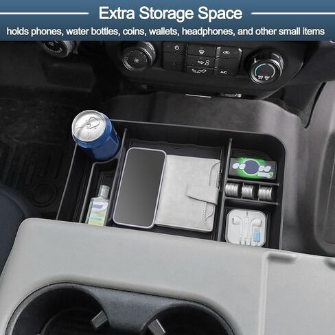 منظم مسند رأس المقعد الأمامي JDMCAR متوافق مع ملحقات 2011-2024 Ford F150 F250 F350 F450 F550 F650، صندوق تخزين حاوية العملات المعدنية مع حصيرة سيليكون غير قابلة للانزلاق - زخرفة سوداء (مقعد القفز فقط) in Kuwait