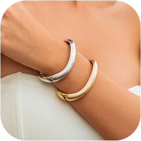 Gold Cuff Bangle Bracelets Set For Women Chunky Trendy Silver Bracelet Irregular Minimalist Open Wide Bangles Hinged Arm Cuff Jewelry Gift 2PC in Kuwait